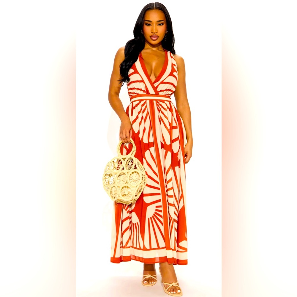 Fashion Nova Rust Orange and Tan Maxi Dress Sz Med